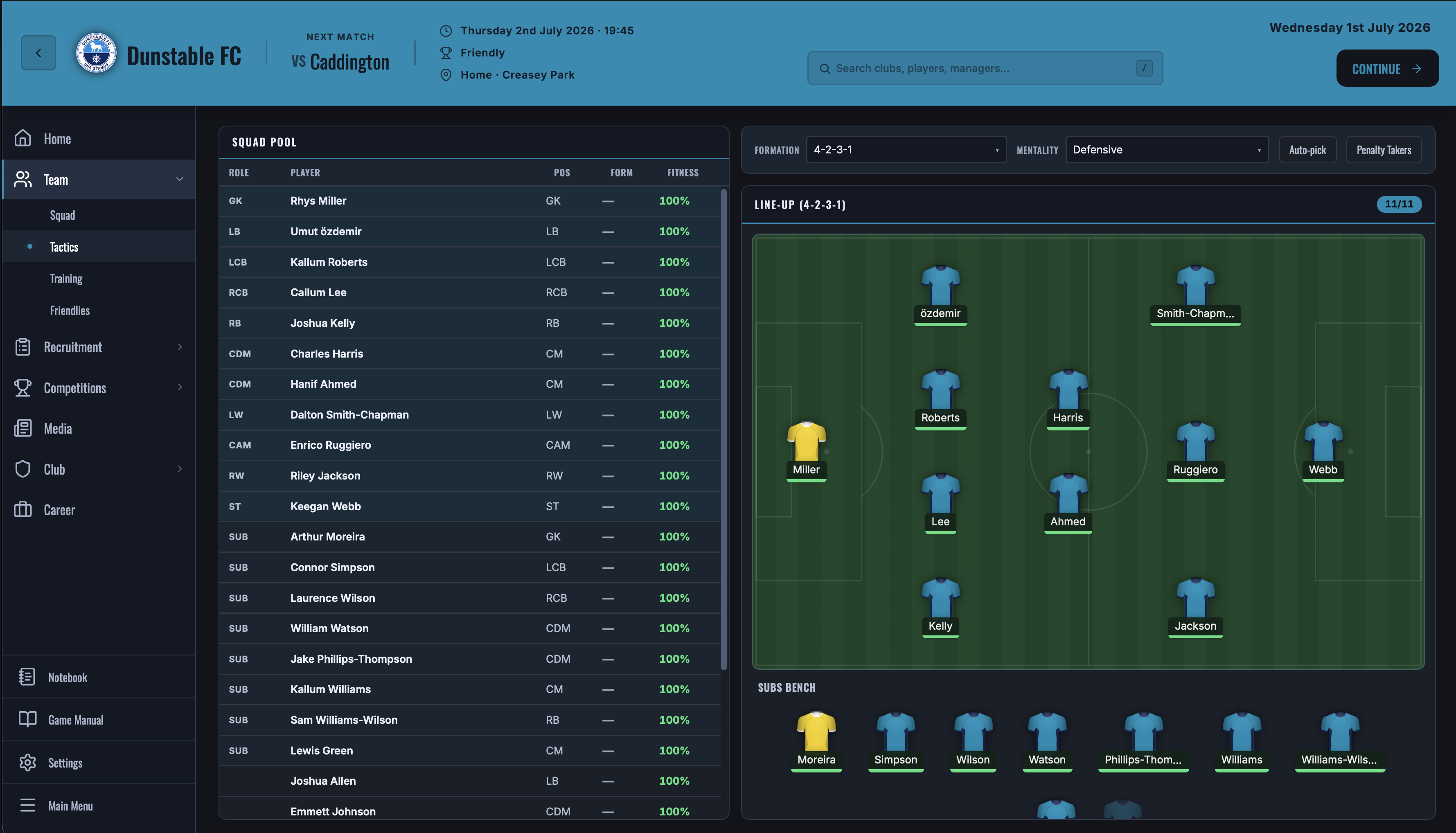 Tactics screen, Dunstable FC