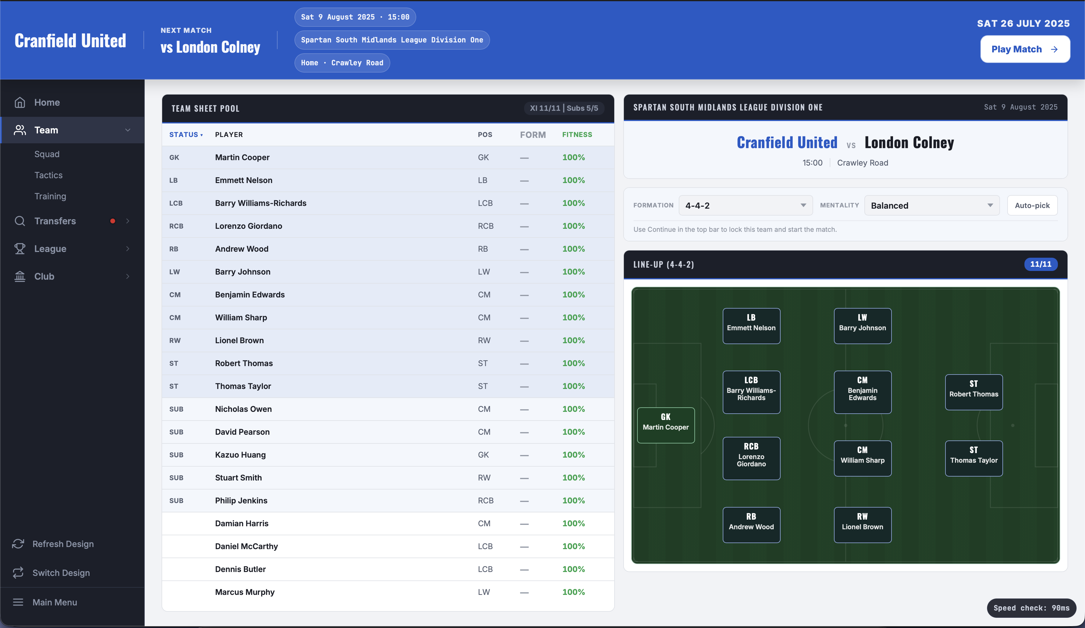Team selection — Cranfield United